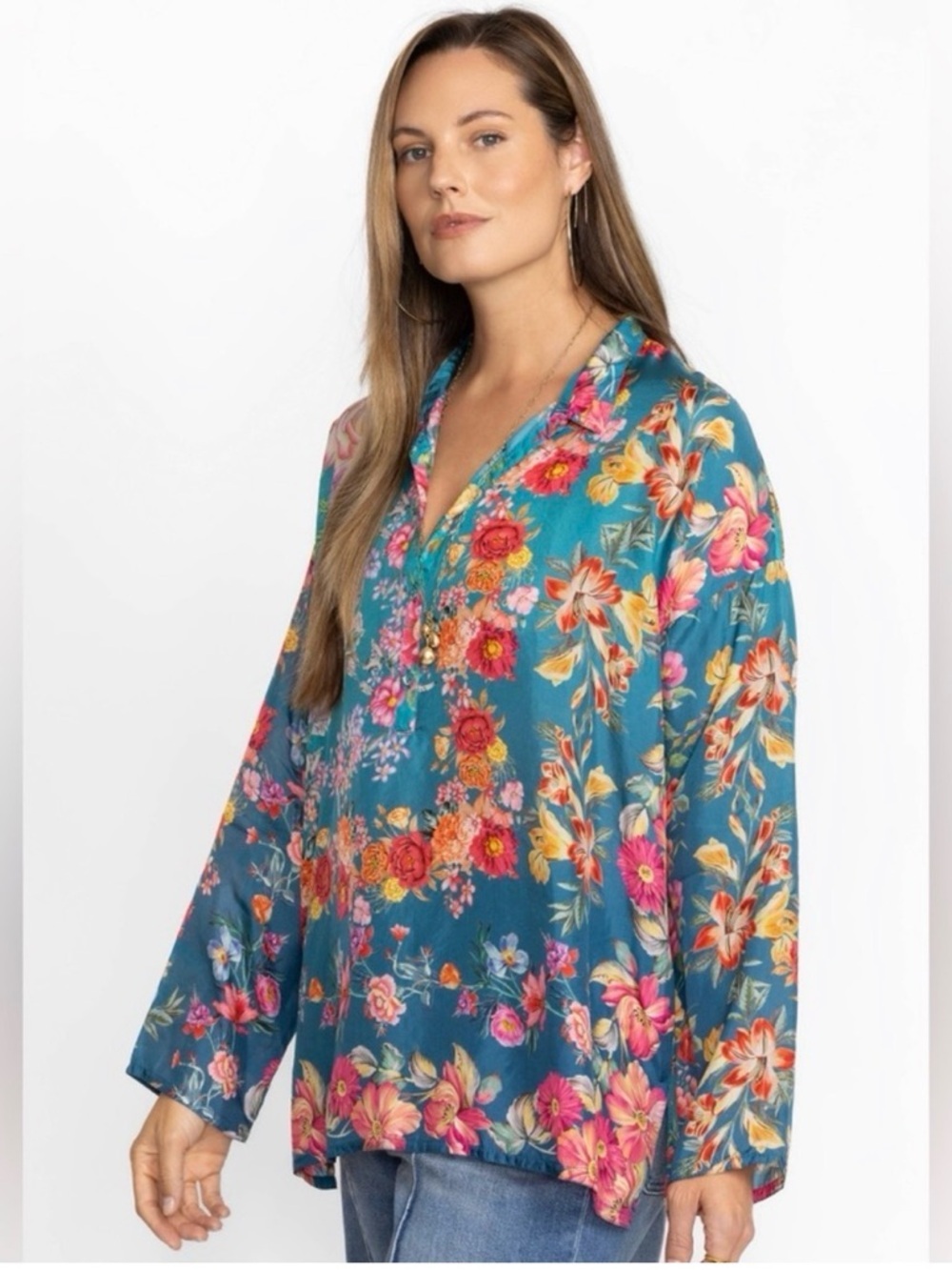 Johnny Was Neutra Mara Silk Blouse Size XL